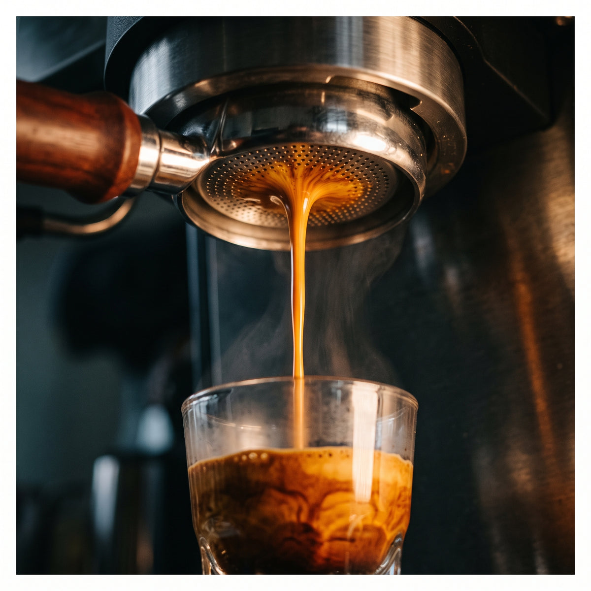 Espresso extracting from the 54mm bottomless portafilter with the puck screen, Sage and Breville set