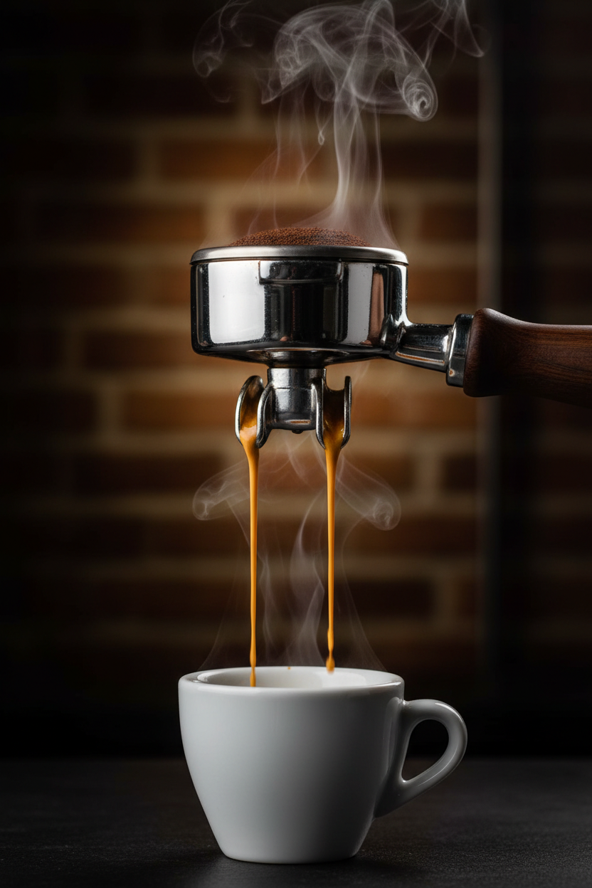 54mm bottomless portafilter pouring espresso with golden crema