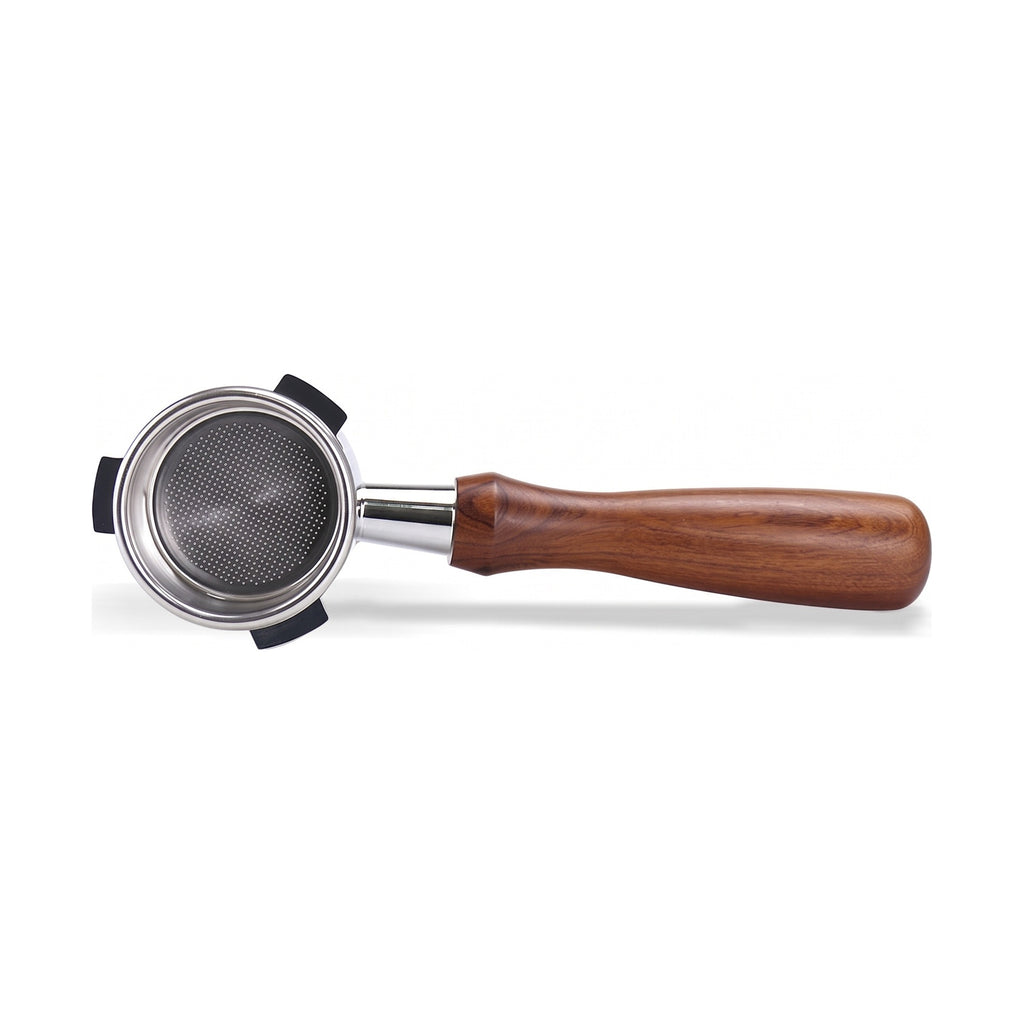 54mm bottomless portafilter with a reddish-brown wooden handle on a white background