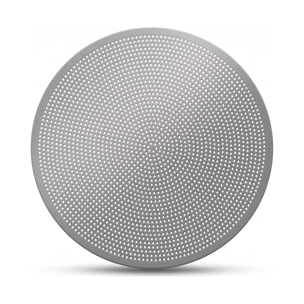 53.5mm stainless steel espresso puck screen on a white background