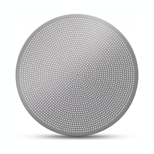 53.5mm stainless steel espresso puck screen on a white background