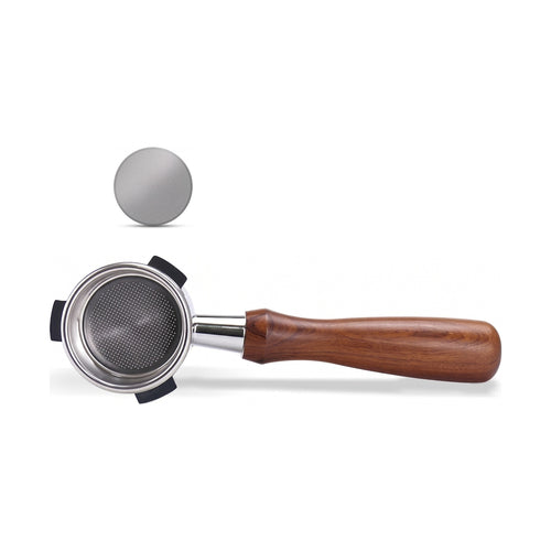54mm bottomless portafilter and matching 53.5mm puck screen shown to scale on a white background